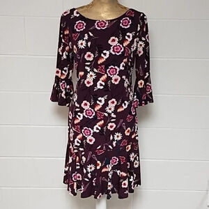 Eliza J Burgundy Plum Floral, Gold Zip Scoop Back, Ruffle 3/4 Sleeve Dress